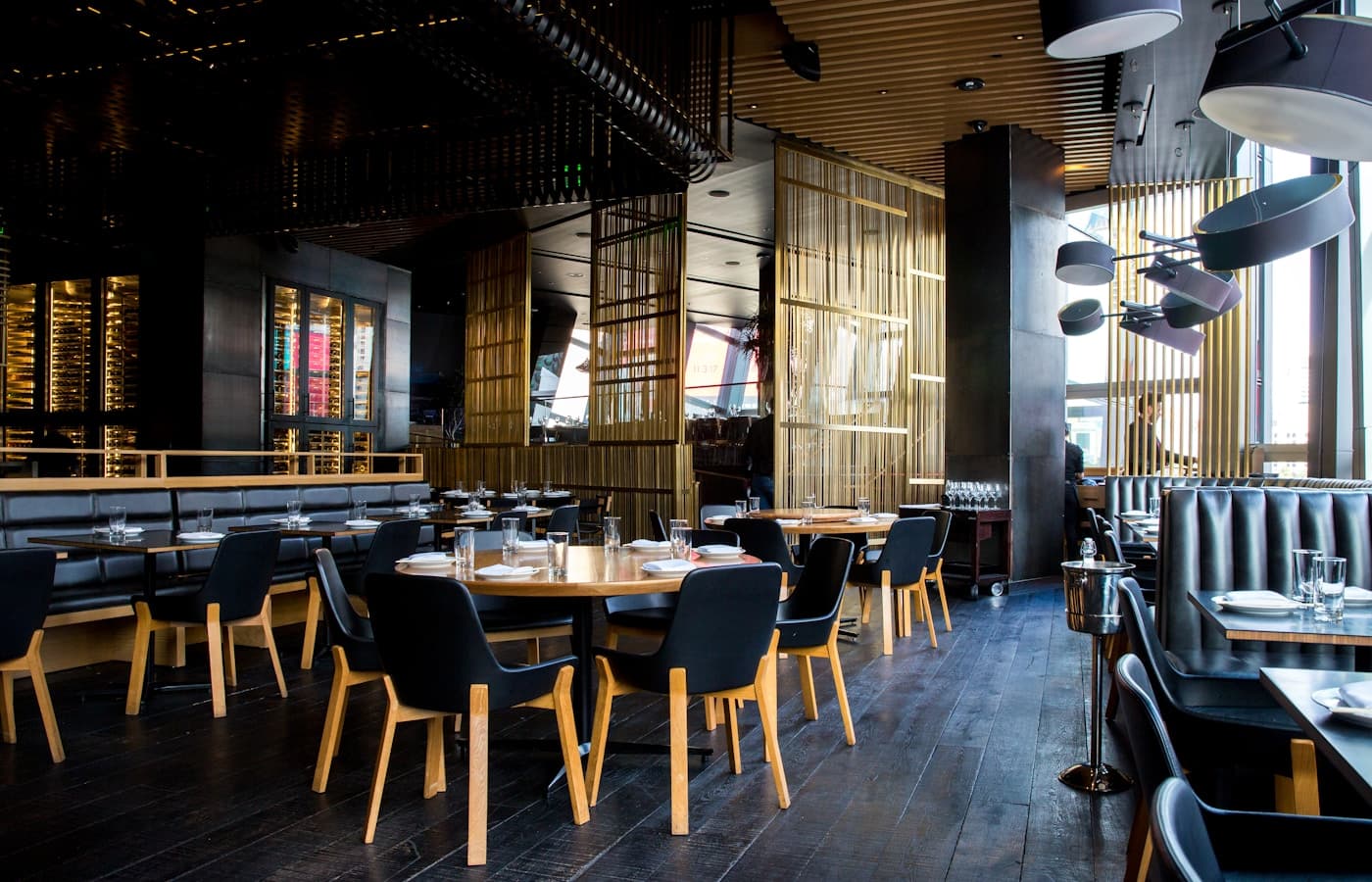A dining room after service, lights still on.